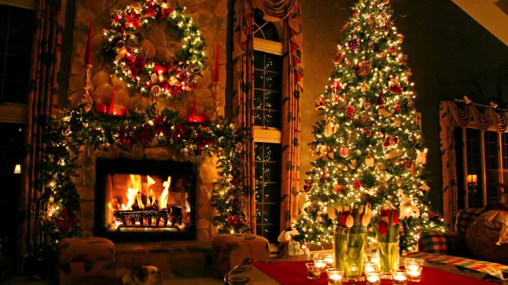 home decorated for christmas with fire burning