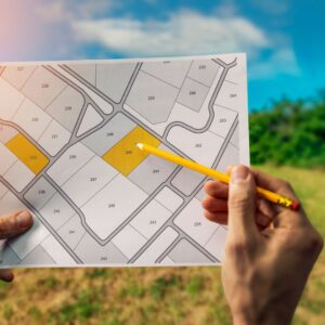 someone pointing to a plot of land on a map
