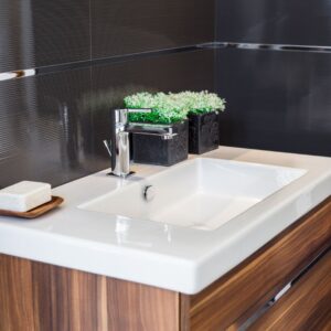 bathroom with new, modern fixtures and cabinets